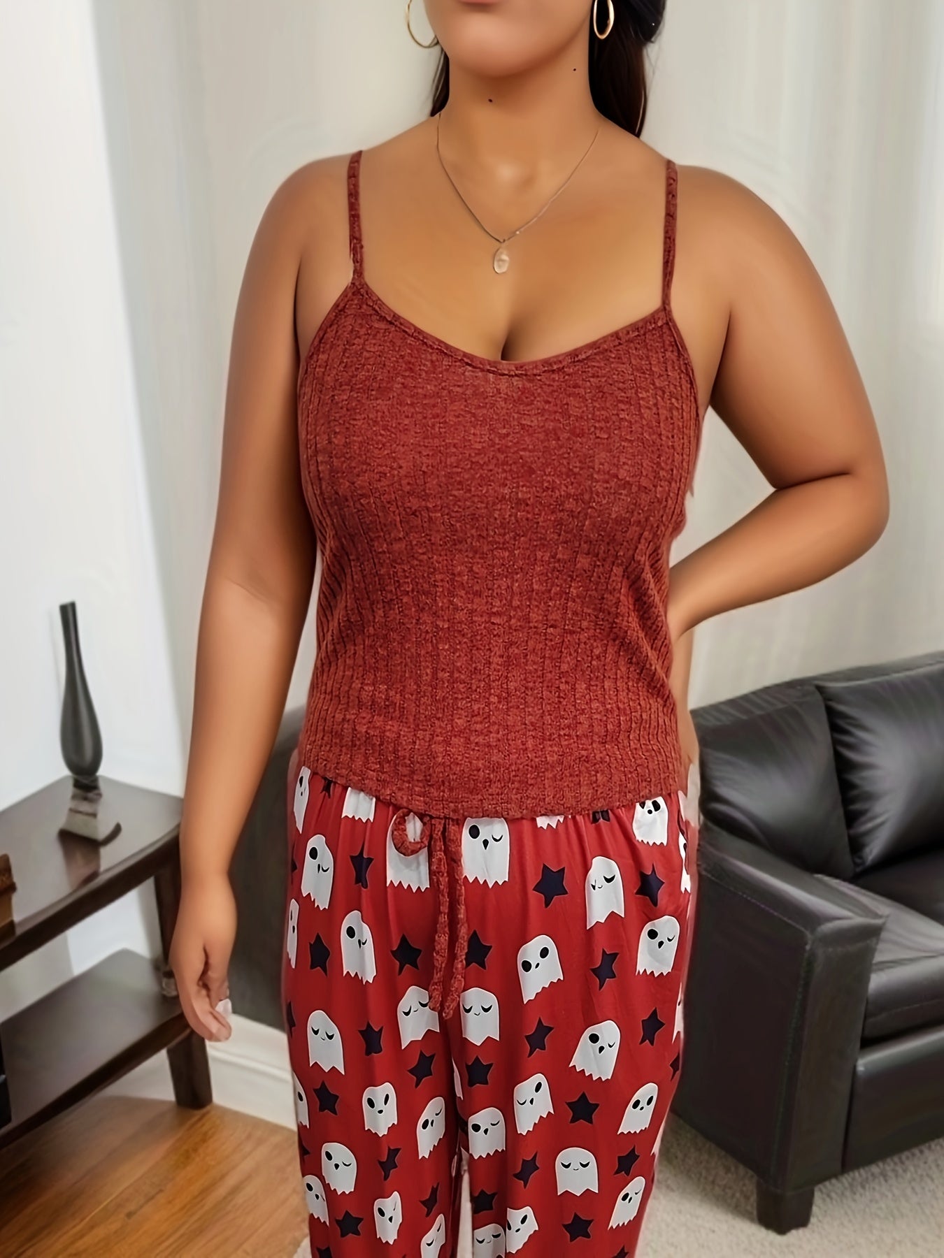  Halloween Pajama Set Women's Ribbed Knit Cami Top & Ghost Print Pants