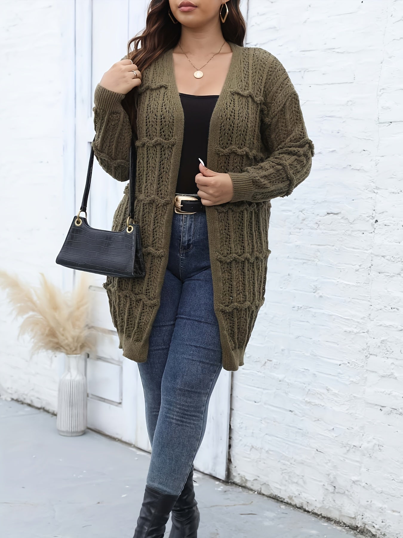  Lantern Sleeve Open Front Knit Duster Cardigan