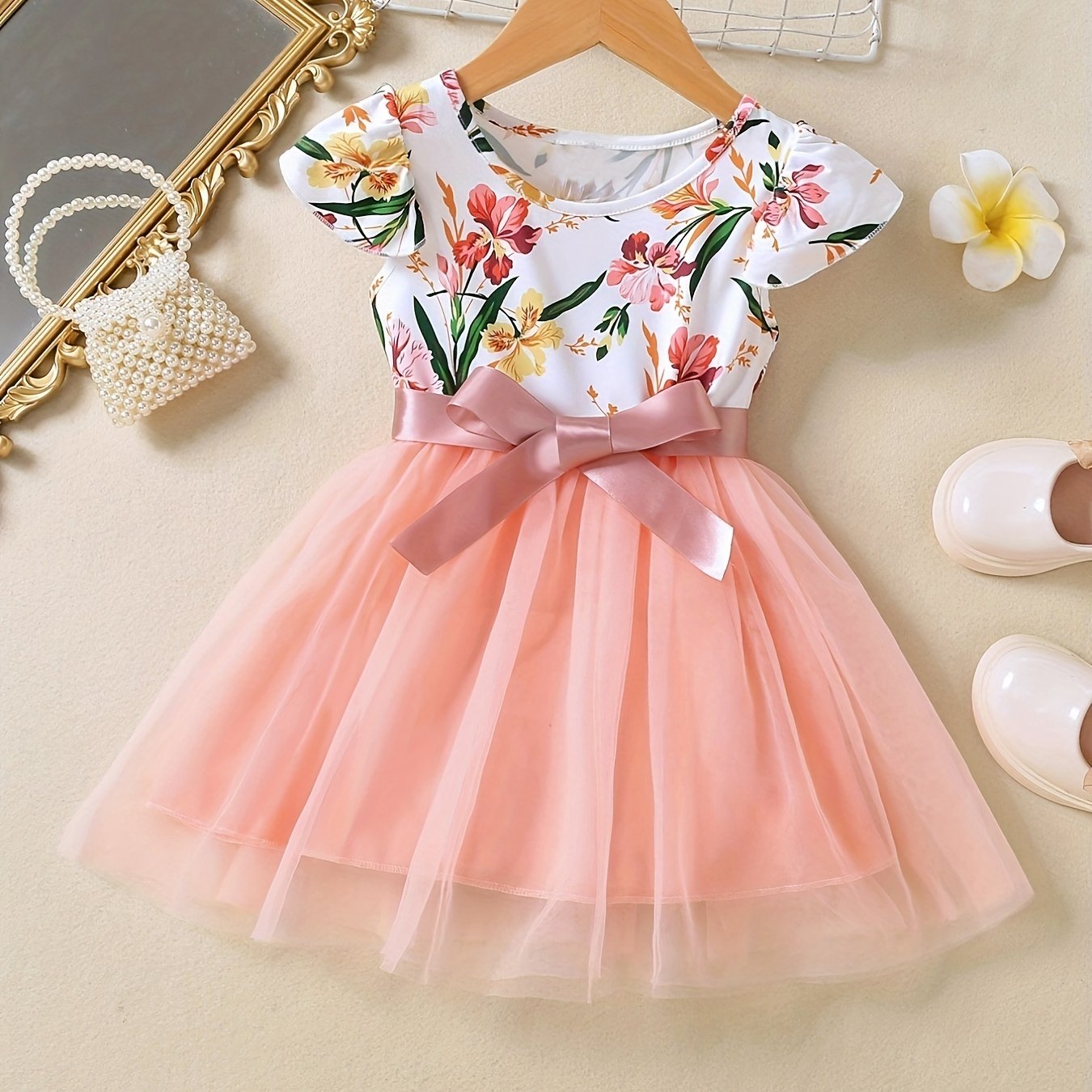 Girls Ruffled Sleeves Crew Neck Bow Floral Tulle Tutu Princess Dress