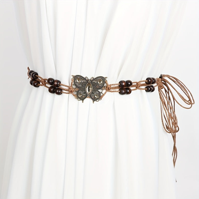 Boho Rhinestone Butterfly Belt Vintage Beaded Braided Sash Belt