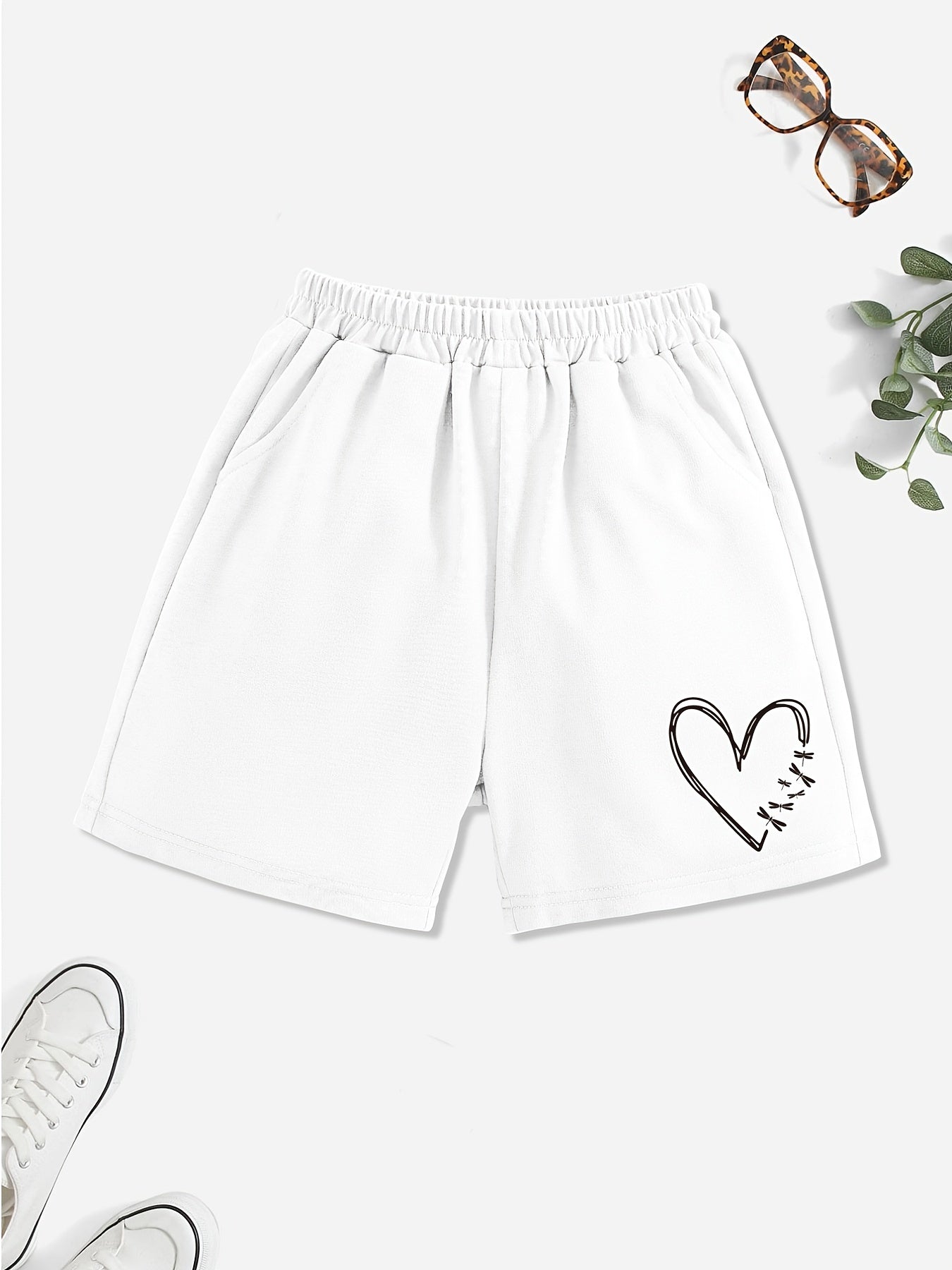 Girls' Casual Heart Graphic Shorts with Pockets
