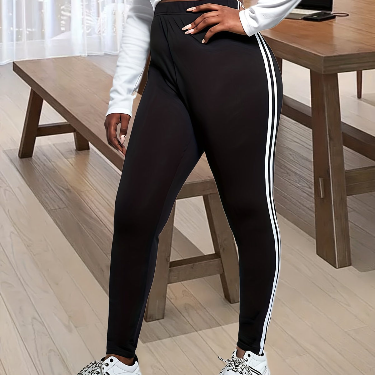  Casual Stripe Print High Rise Leggings