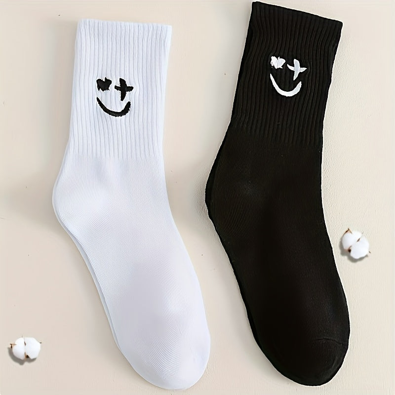 Men's Smiley Face Crew Socks - Cartoon Pattern, Comfy Street Style