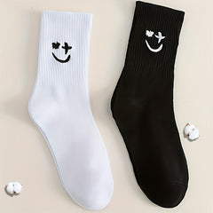 Men's Smiley Face Crew Socks - Cartoon Pattern, Comfy Street Style