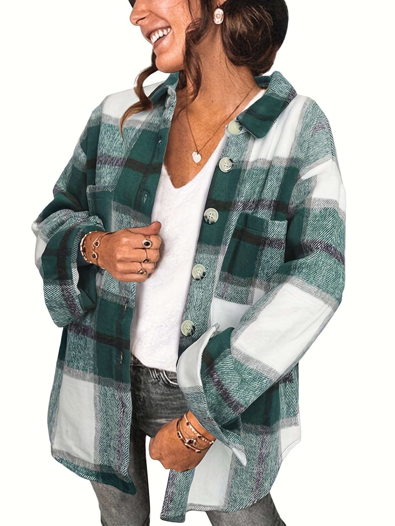 Button Plaid Drop Shoulder Jacket for Fall & Winter