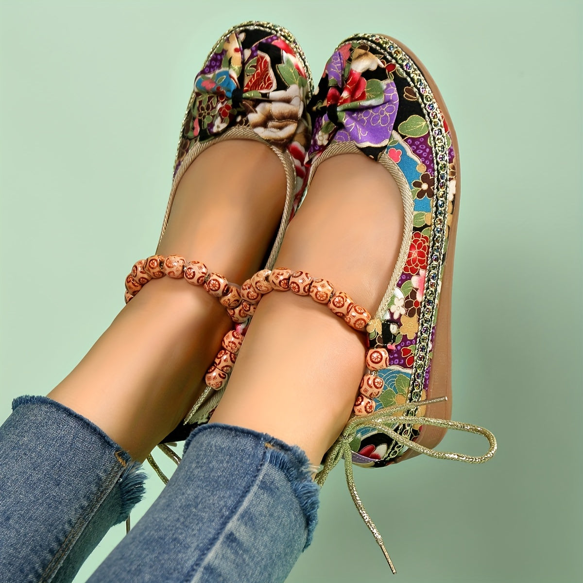 Women's Bowknot Linen Flat Shoes Beaded Strap Slip On Wedge Shoes Ethnic