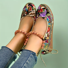 Women's Bowknot Linen Flat Shoes Beaded Strap Slip On Wedge Shoes Ethnic