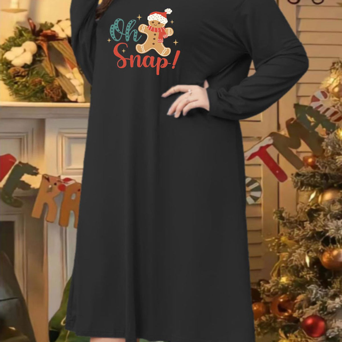  Gingerbread Man Print Christmas Lounge Dress Long Sleeve Round
