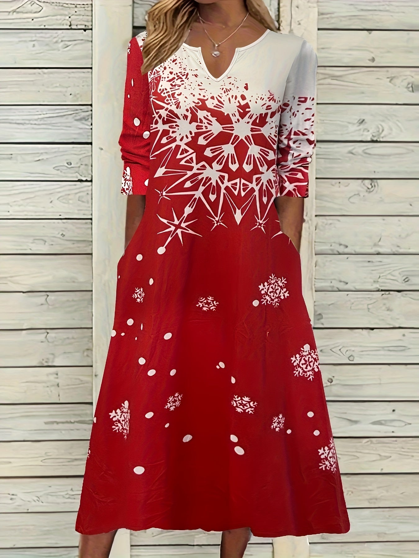  Christmas Casual Dress Women's Plus Snowflake Print Three Quarter Sl