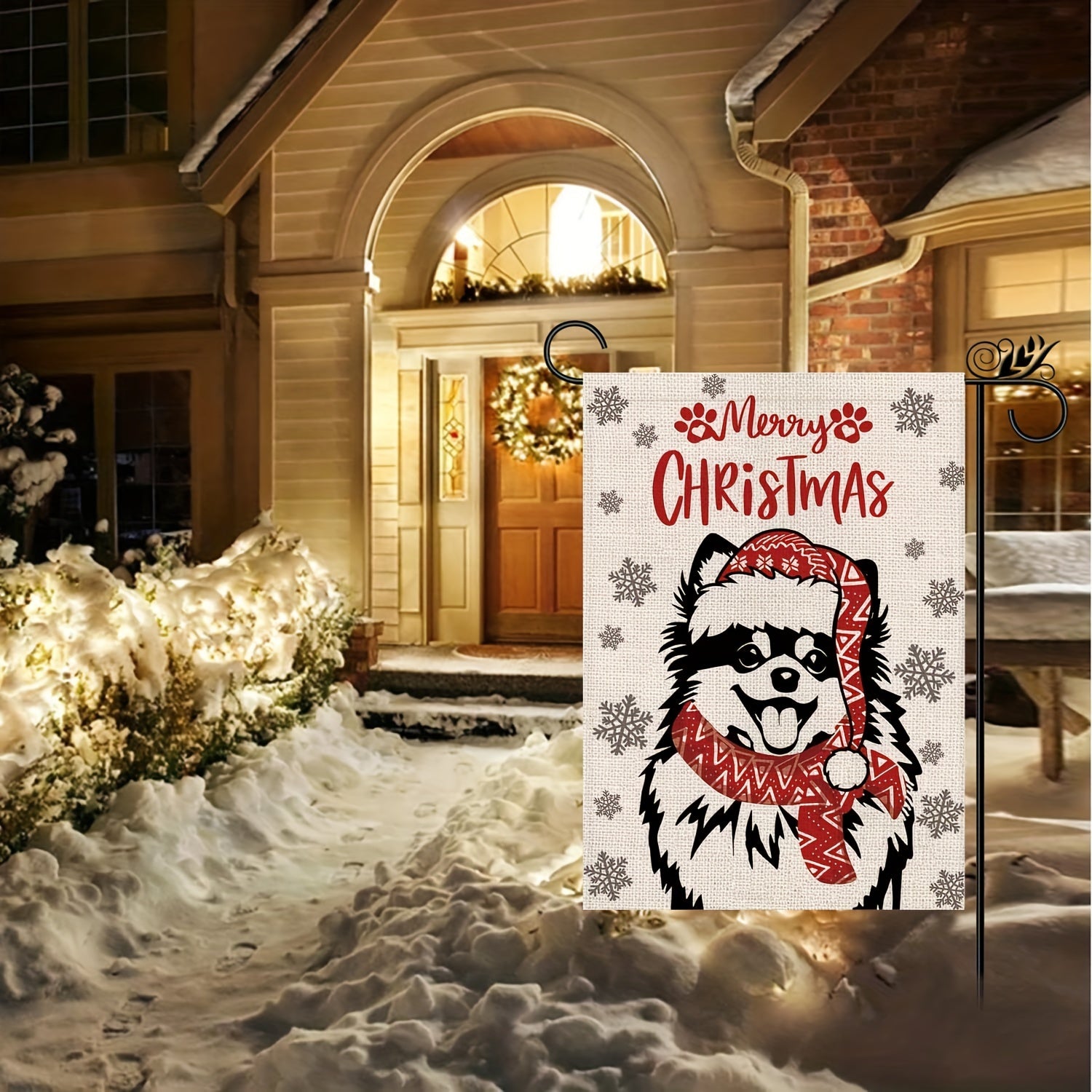 Christmas Garden Flag Pomeranian Dog Scarf Xmas Winter Decor