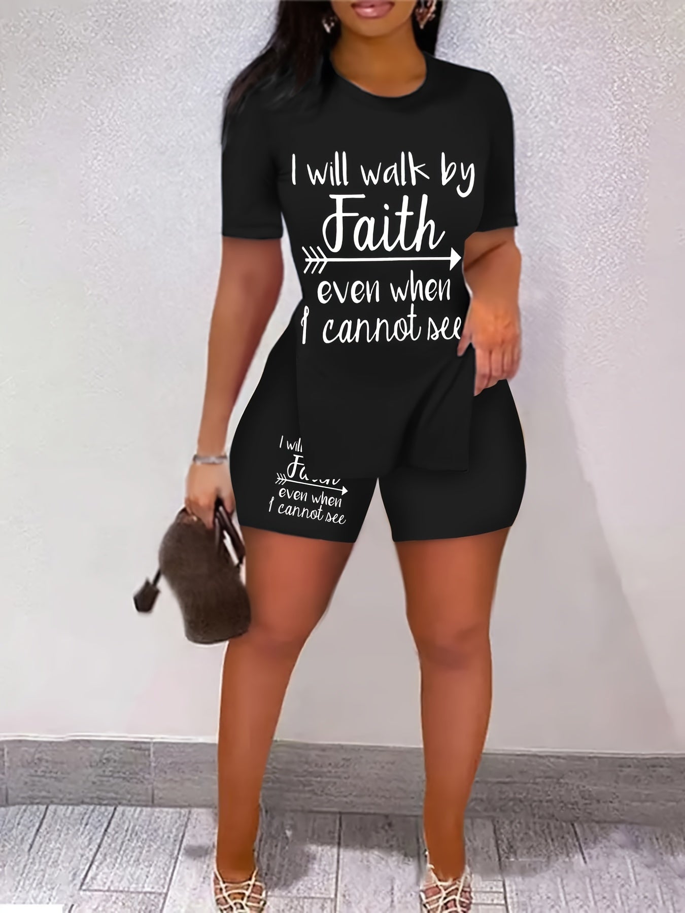 Walk By Faith Print Two piece Set Short Sleeve T Shirt & Short