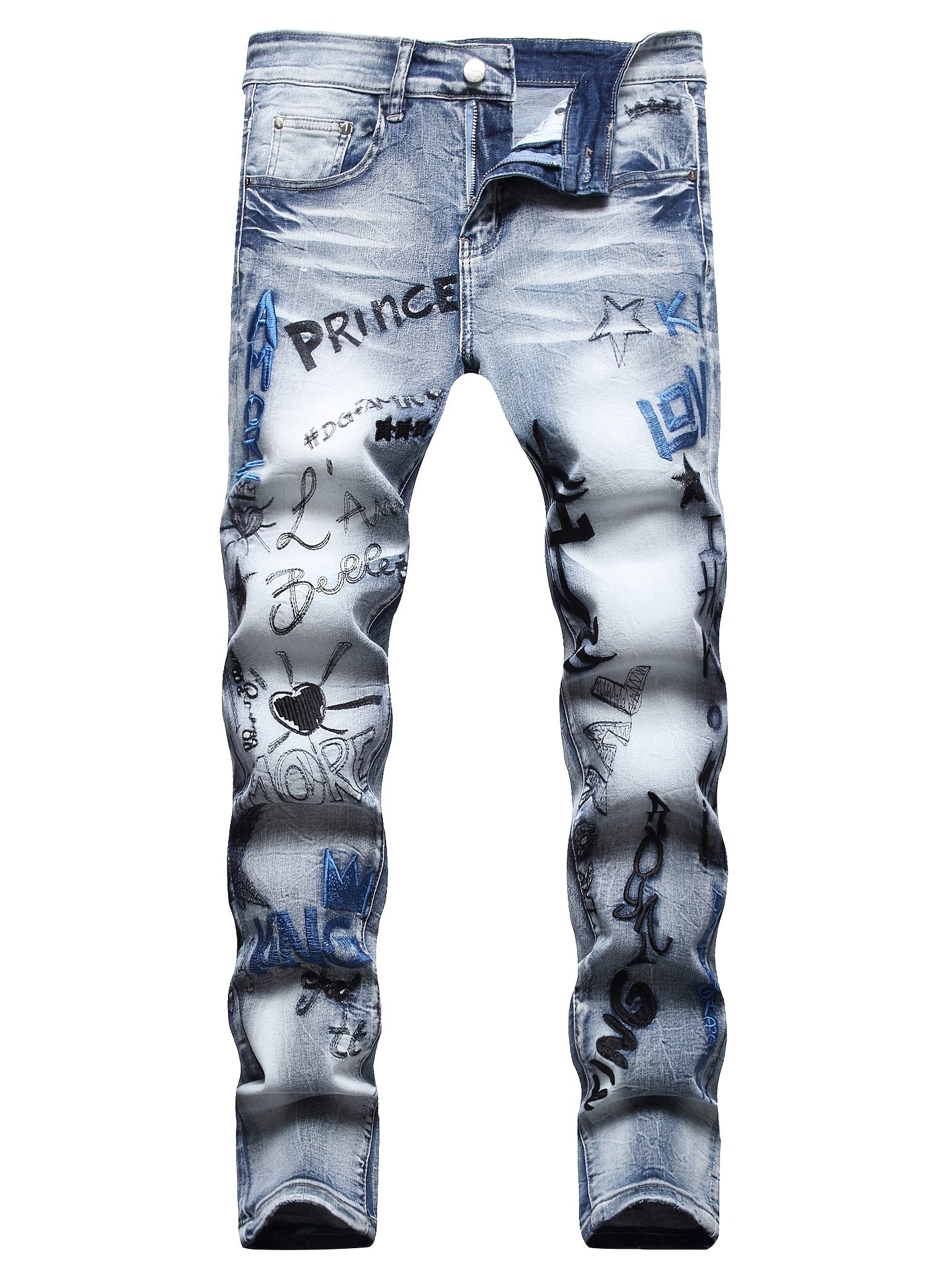Men's Slim Fit Embroidery Denim Jeans Casual Streetwear Trousers