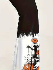  Pumpkin Elf Print Flared Leg Trousers