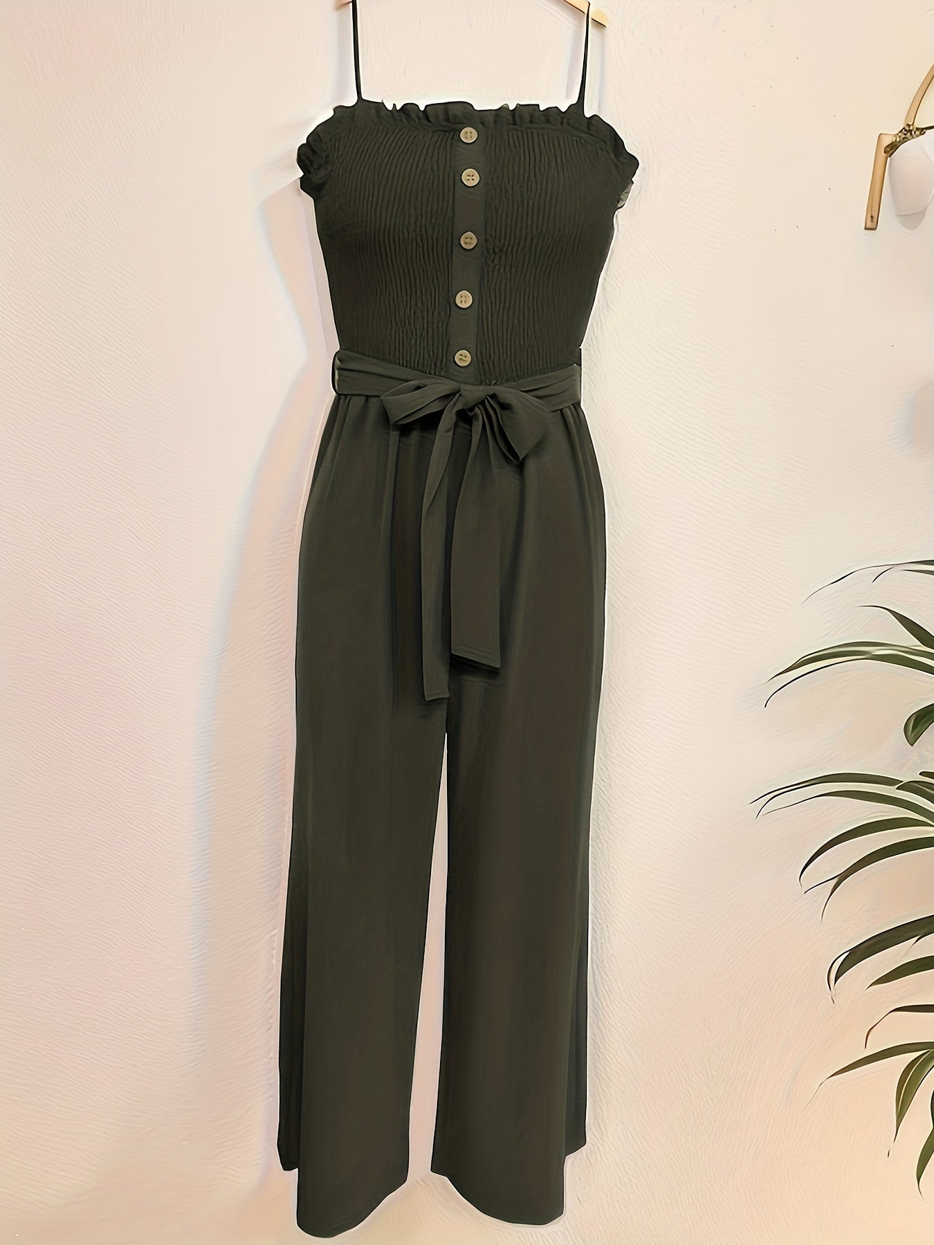 Shirred Wide Leg Jumpsuit Solid Spaghetti Strap Sleeveless