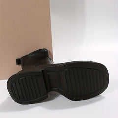 Square Toe Platform Ankle Boots Chunky Heeled Front Zip Combat Shoes