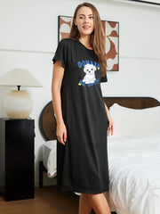 Cartoon Dog Print NightDress Short Sleeve Crew Neck Pajama Dress