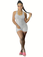 Solid Slim Cross Backless Romper Jumpsuit Casual Sleeveless Romper Jumpsuit