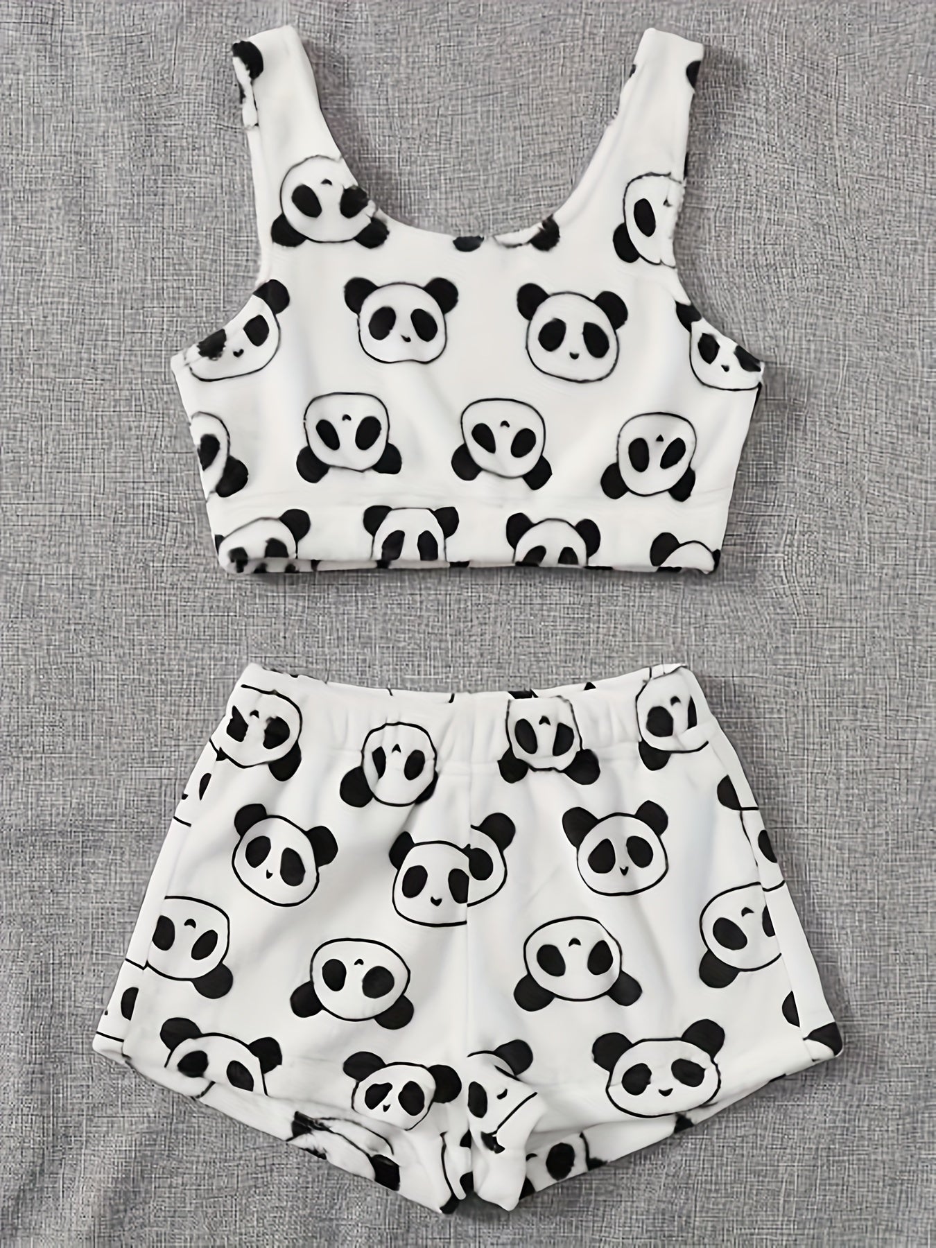  Panda Pattern Fluffy Crop Tank Top & Shorts Lounge Set