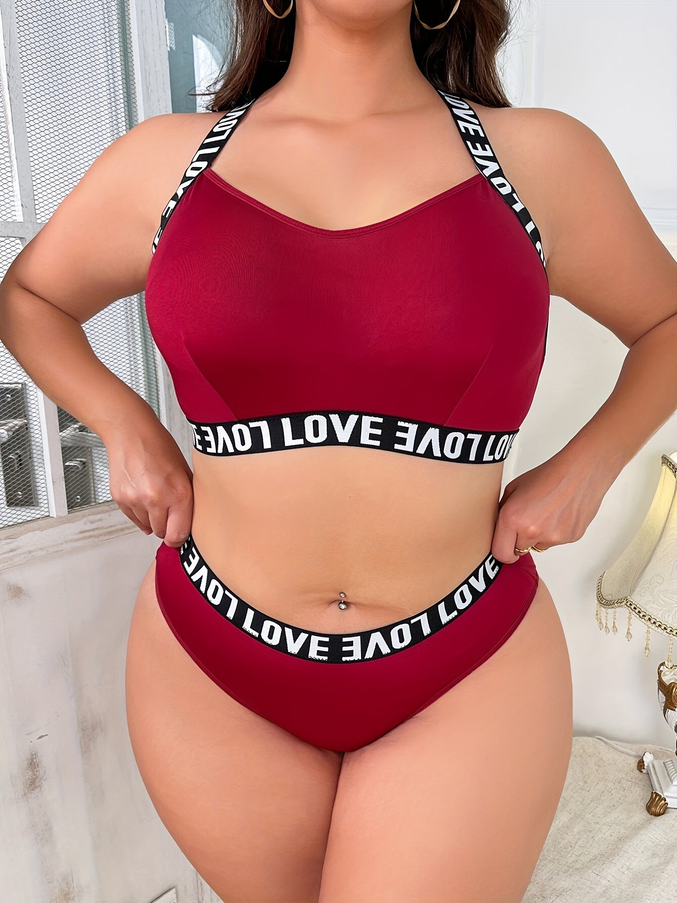  Casual Underwear Set Women's Plus Letter Tape Criss Cross Back