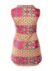  Casual Tank Dress Women's Plus Random Print Cut Out Criss Cross V Neck