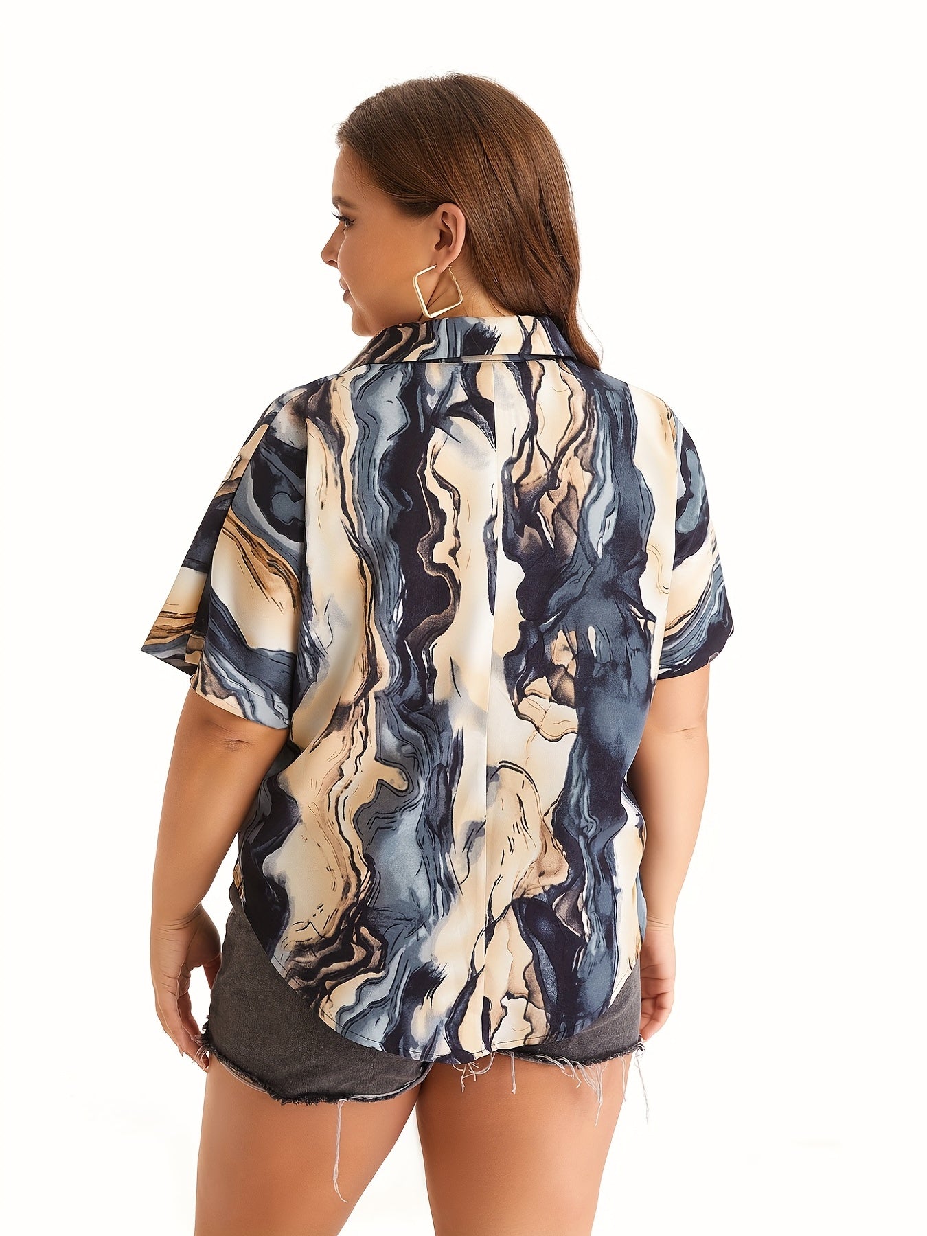  Marble Print Short Sleeve Button Up Shirt