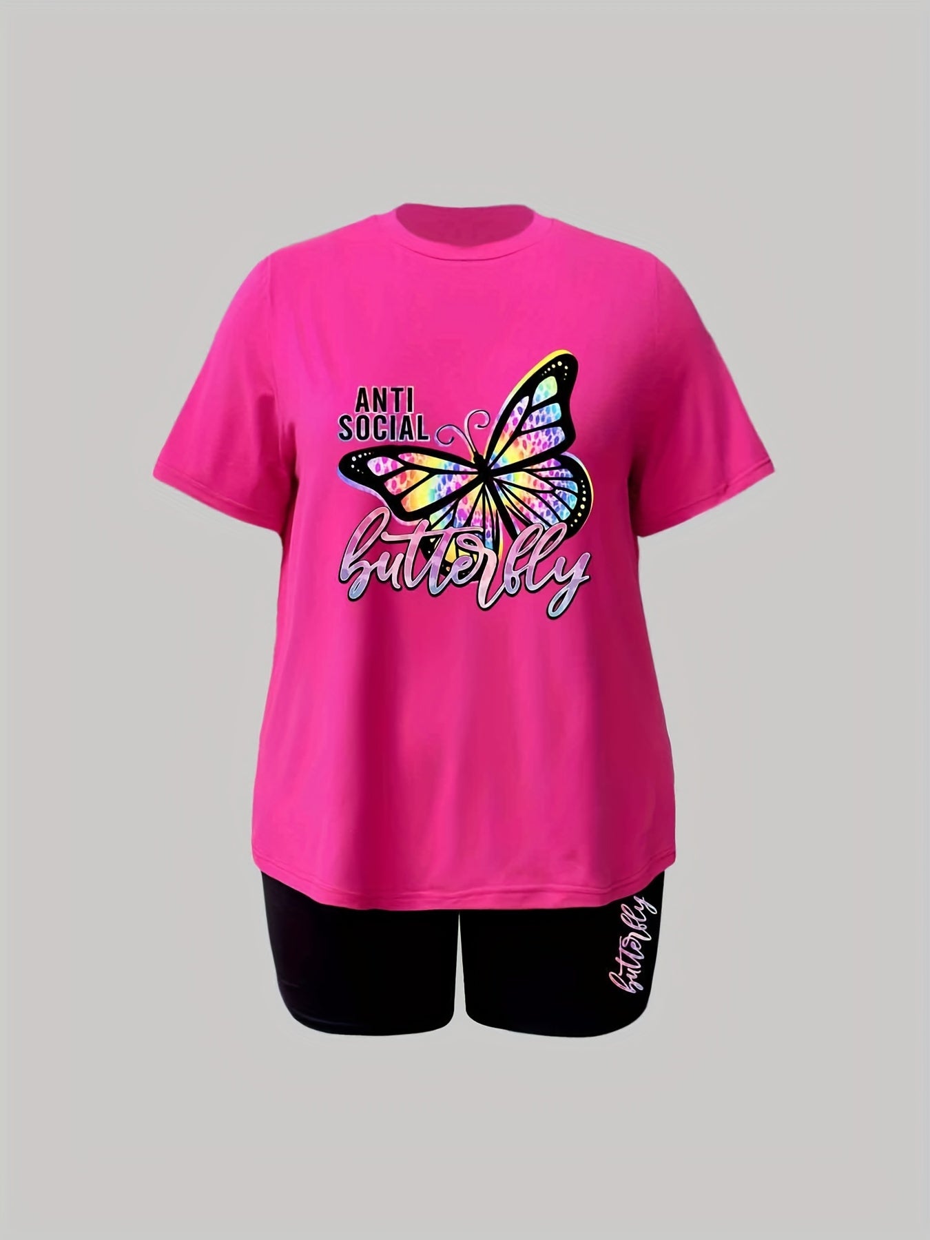  Butterfly & Letter Print Tee & Shorts Set