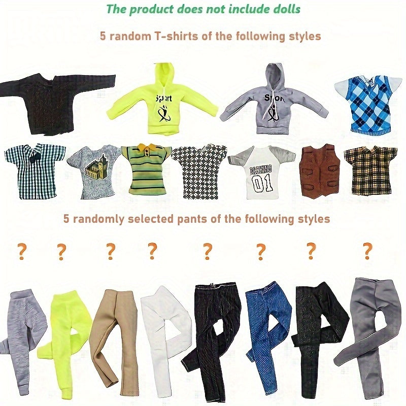 10pc Mixed Outfits for 30-02cm Male Dolls - Tops & Pants - Kids Party Clothes