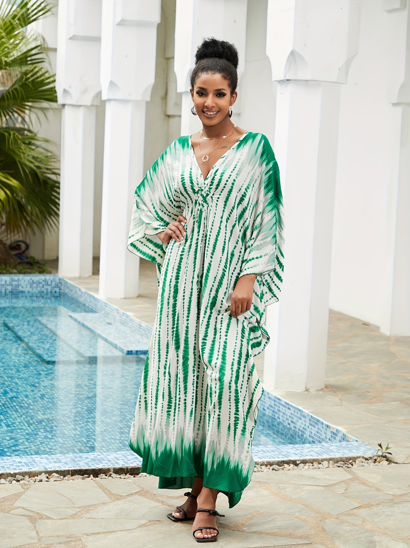  Boho Kaftan Dress Tie Dye Striped Print V Neck Maxi Beach Dress