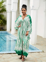  Boho Kaftan Dress Tie Dye Striped Print V Neck Maxi Beach Dress
