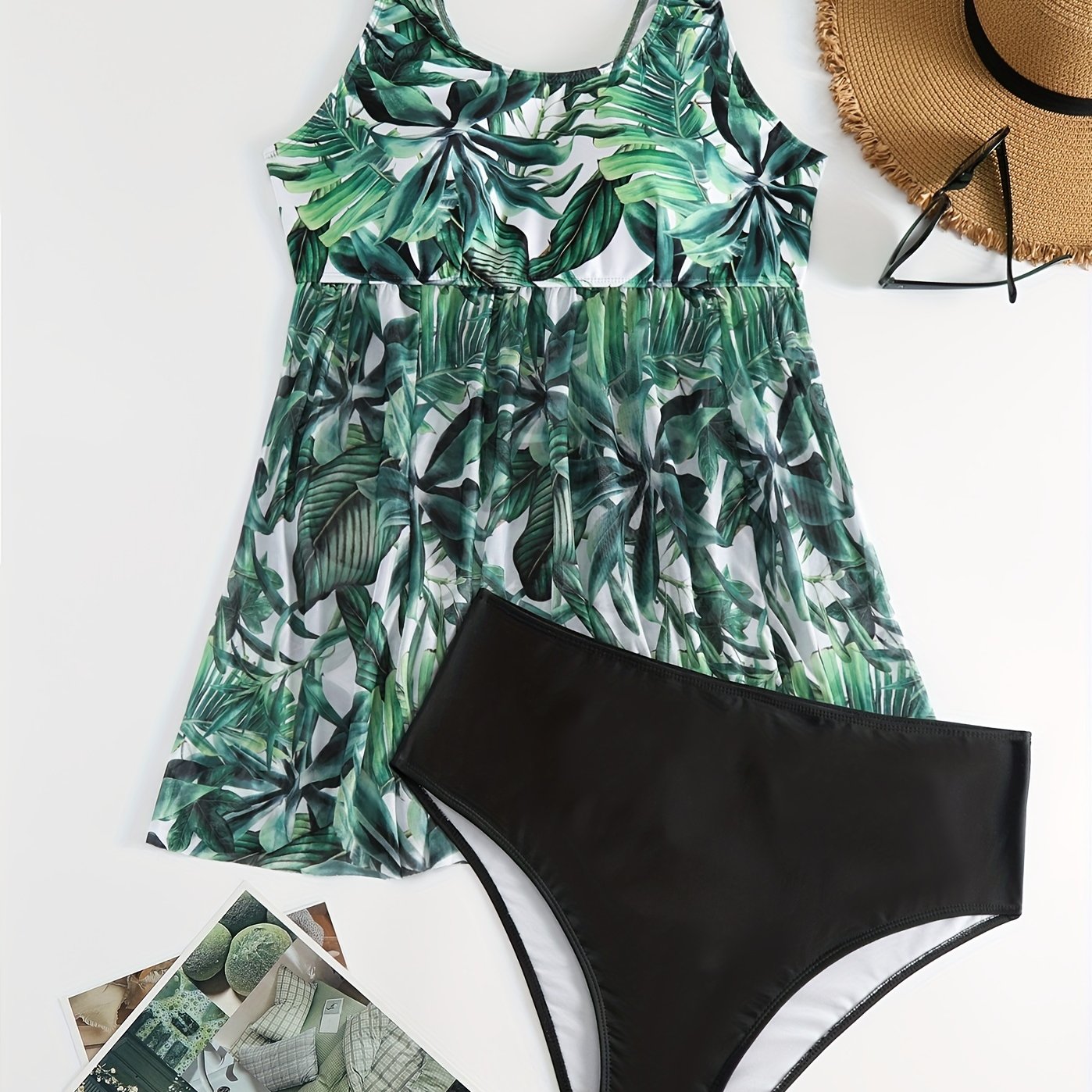  Vacay Tankini Set Women's Plus Tropical Print Round Neck
