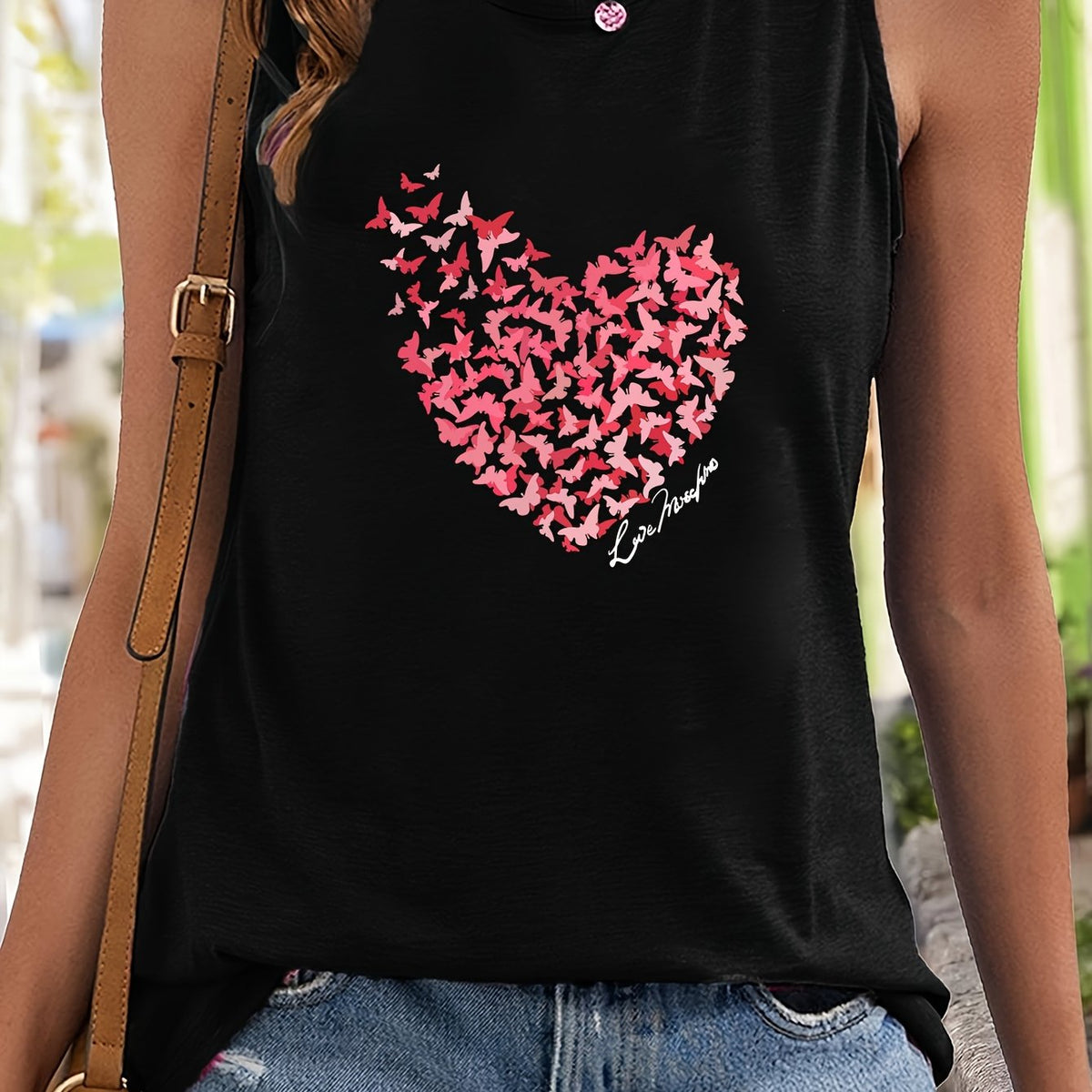 Butterfly & Heart Pattern Stretchy Sports Vest Round Neck Sleeveless Casual Top