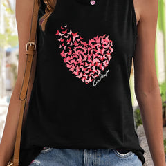 Butterfly & Heart Pattern Stretchy Sports Vest Round Neck Sleeveless Casual Top