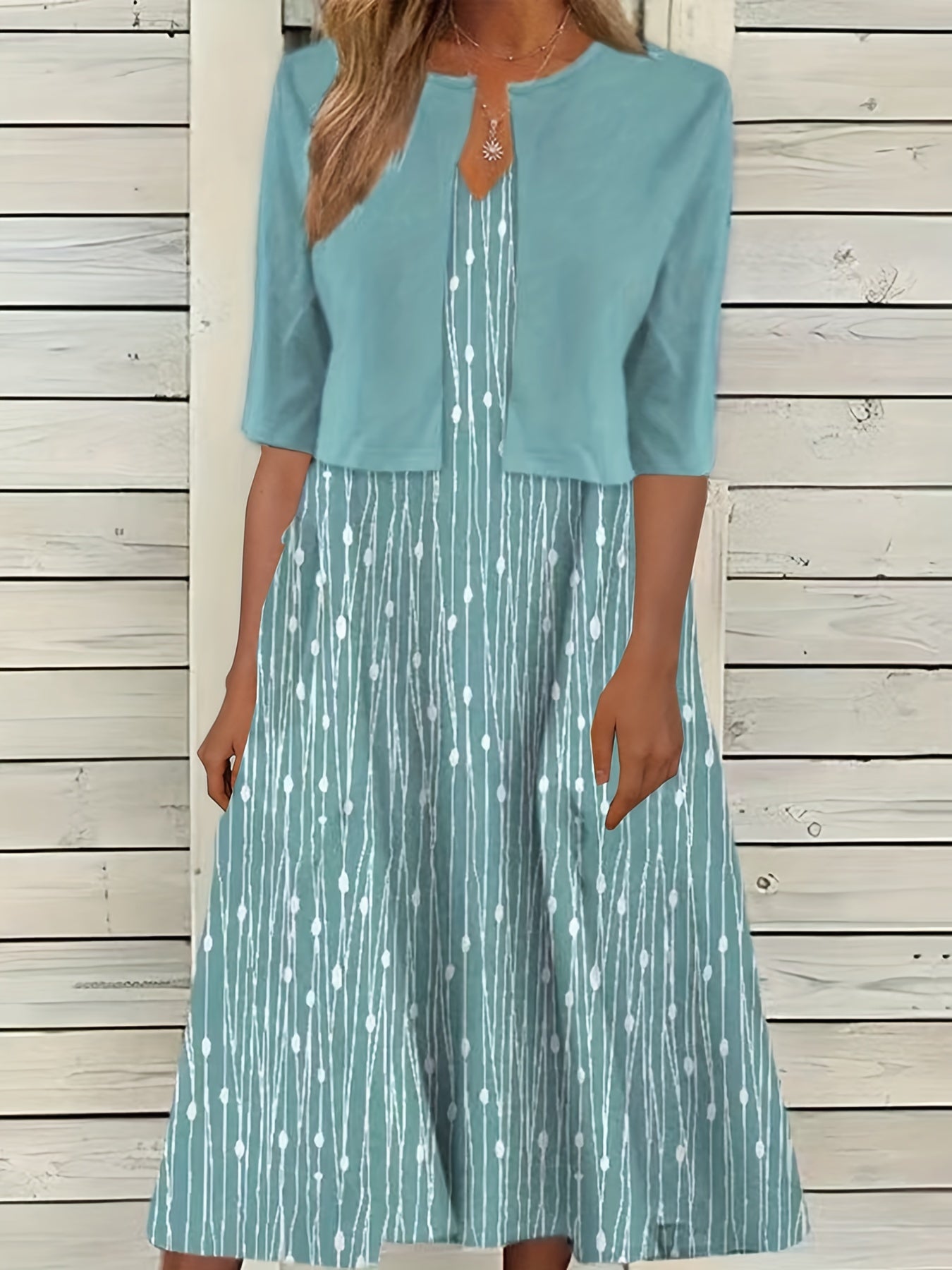 Plus Dot & Stripe Print V Neck Cami Dress & Cardigan Outfit Set