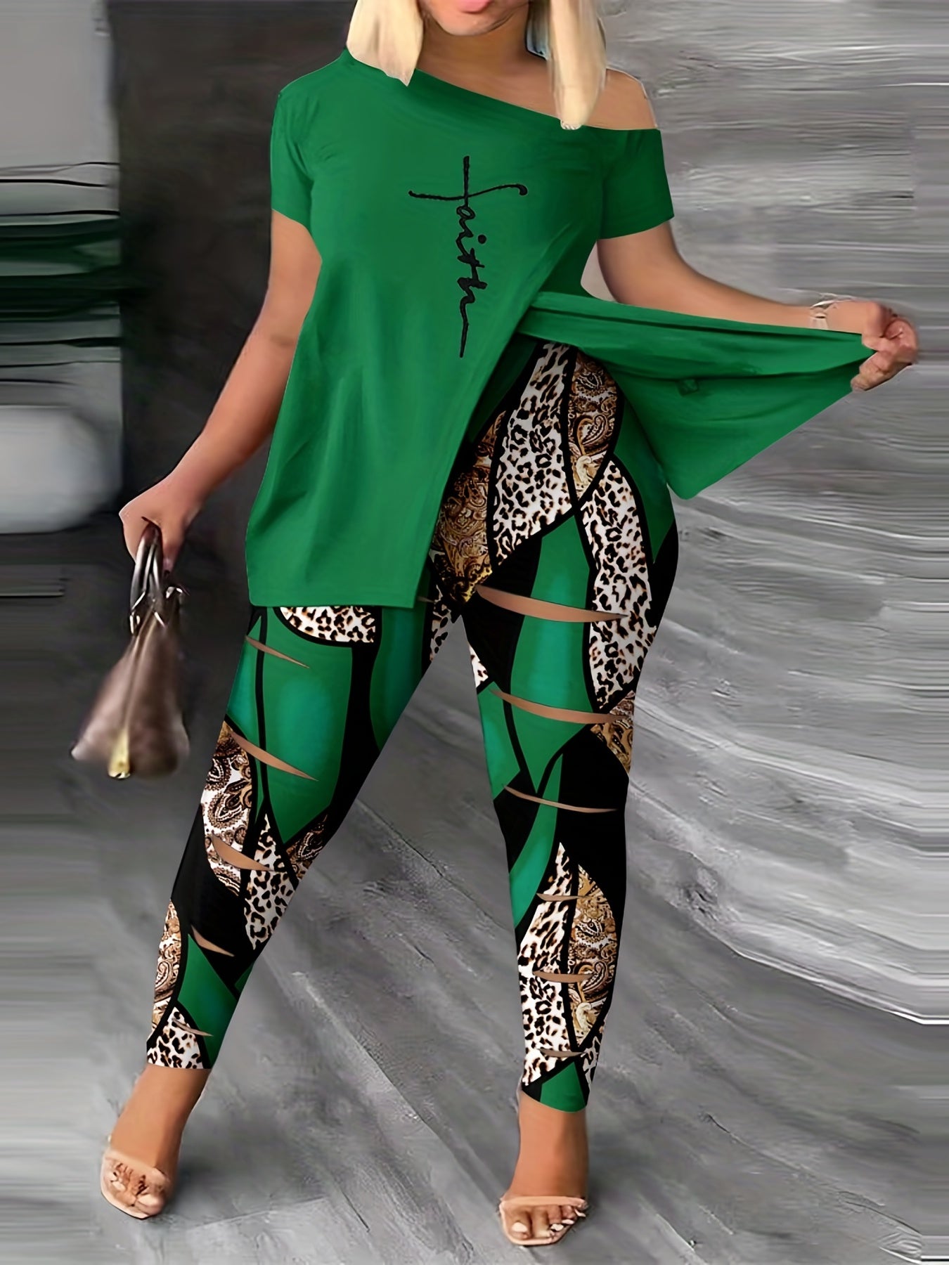  Cross Letter Print Short Sleeve Tee & Leggings Set