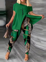  Cross Letter Print Short Sleeve Tee & Leggings Set