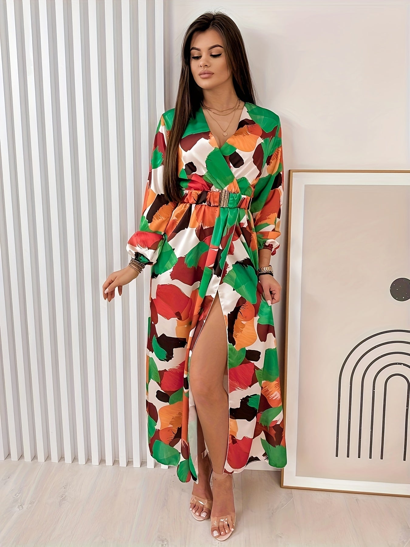  Colorblock Long Sleeve Wrap Dress