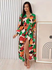  Colorblock Long Sleeve Wrap Dress