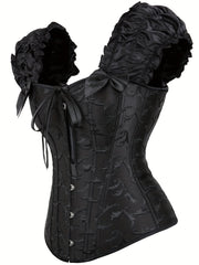 Ruffle Corset Bustier Front Buckle Lace Up Puff Sleeve Body Shaper