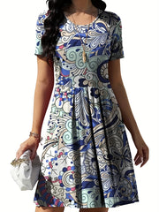  Floral Print Short Sleeve Boho Dress