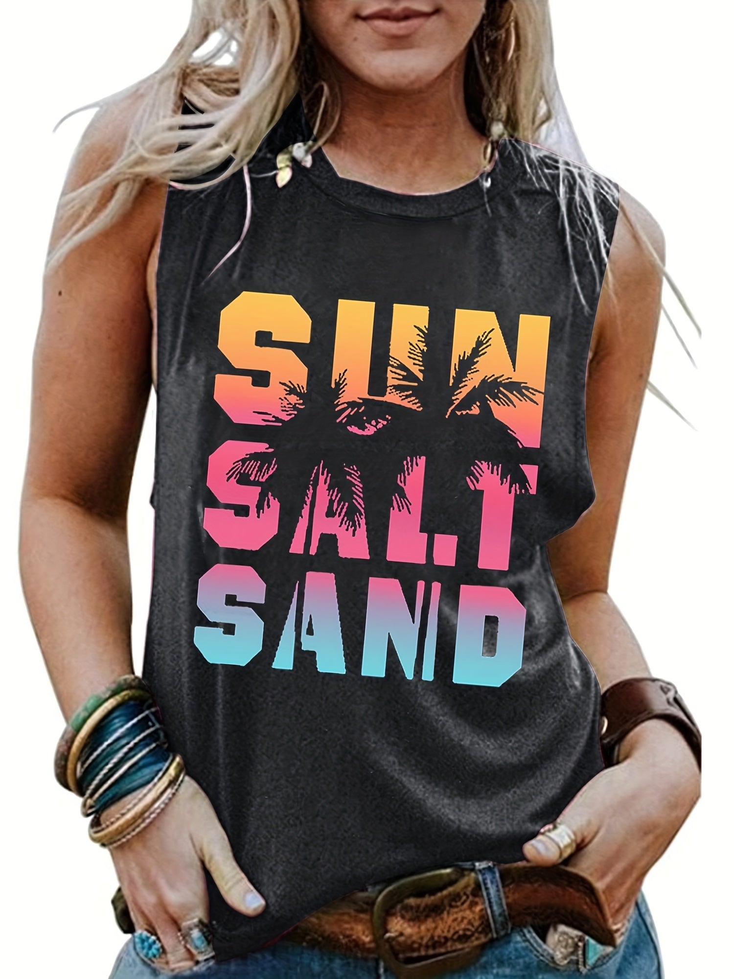 Coconut Tree & Letter Print Tank Top Crew Neck Sleeveless Summer Top