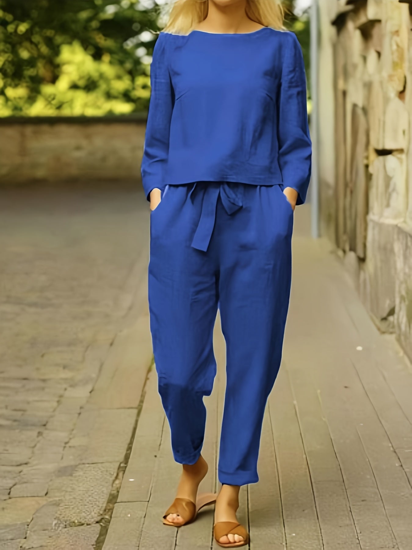 Casual Two Piece Set Solid Long Sleeve Tops & Loose High Waisted Pants