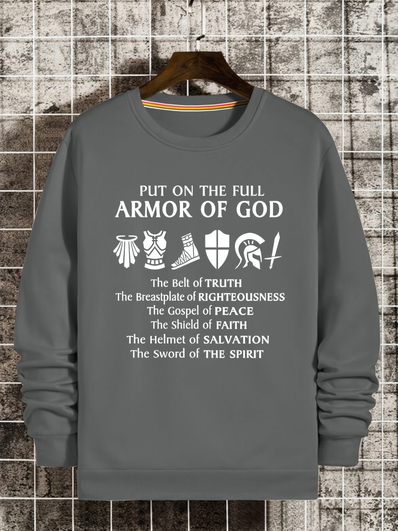 Armor Of God Print Sweatshirt Men's Casual Graphic Pullover Sweatshirt