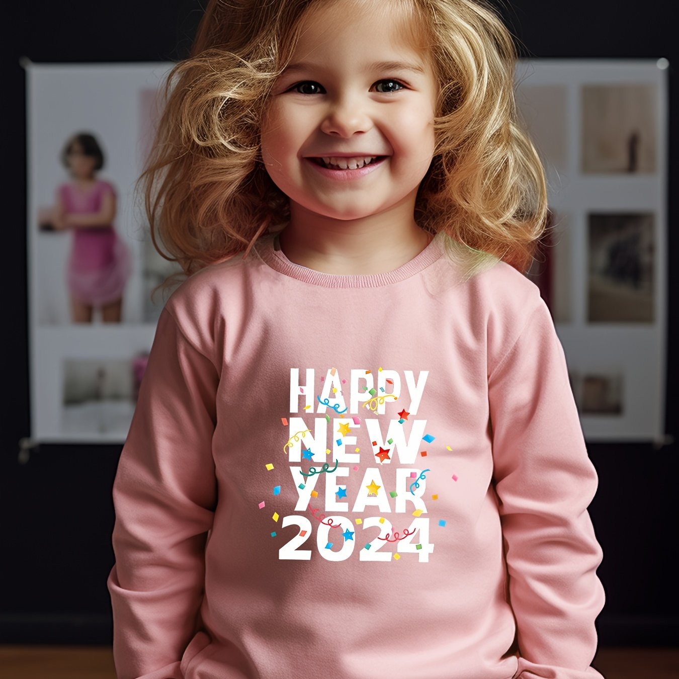 Girls Happy Year Pattern Crew Neck Sweatshirt