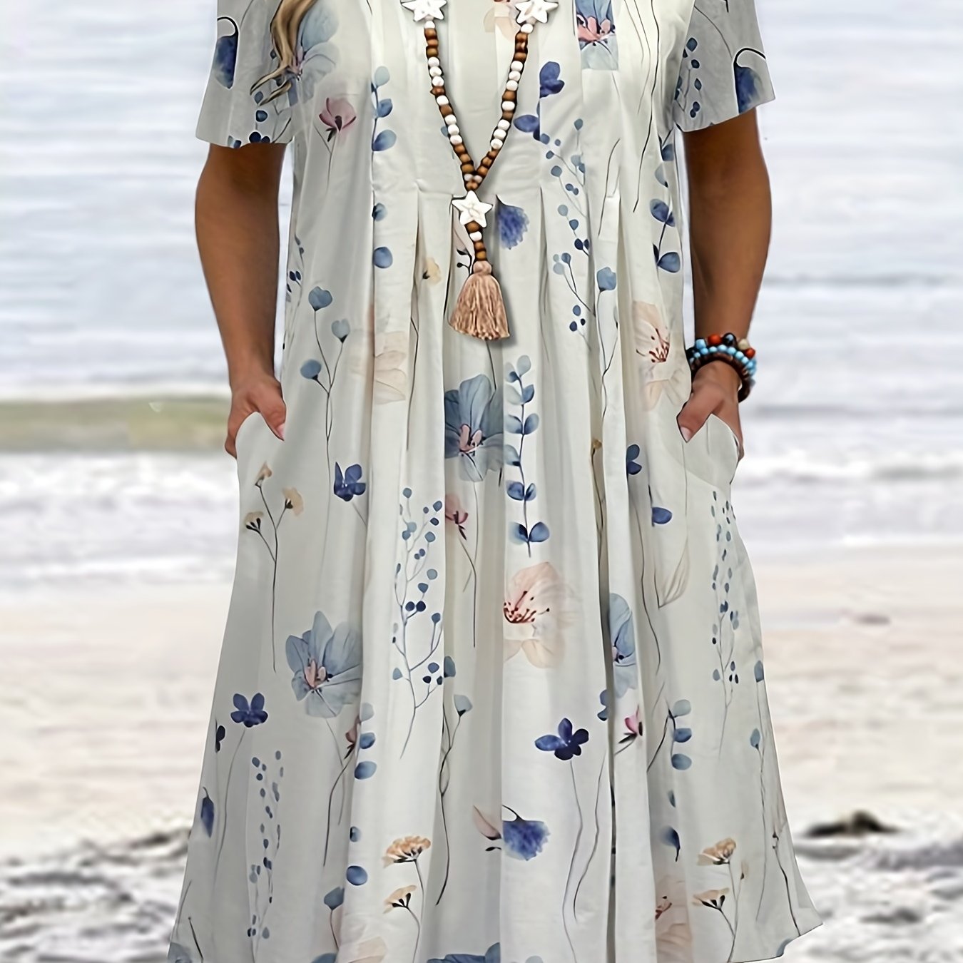  Floral Print Short Sleeve Pleated Dress With Pockets