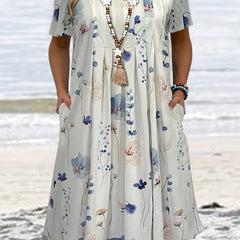  Floral Print Short Sleeve Pleated Dress With Pockets