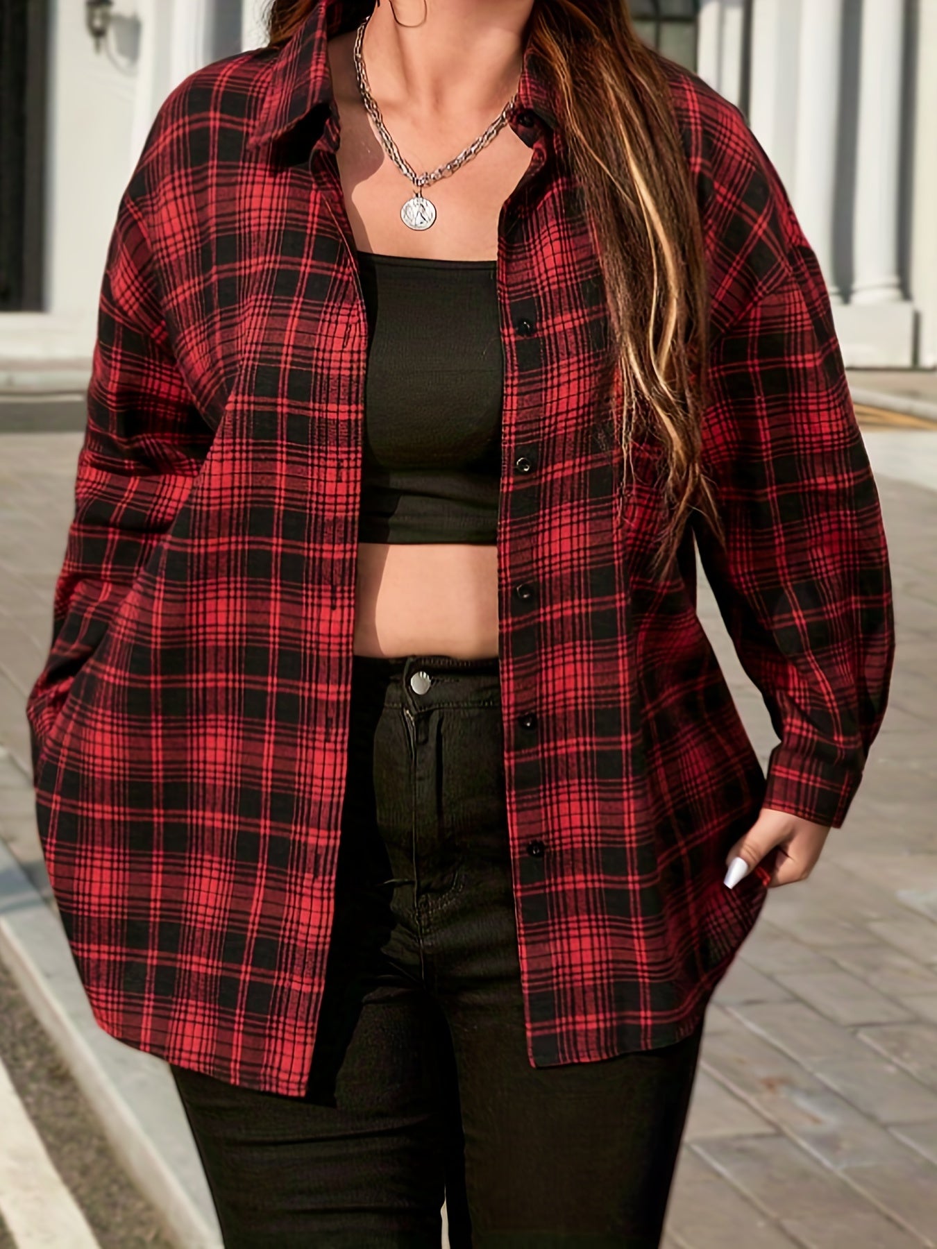  Plaid Print Button Up Long Sleeve Shacket