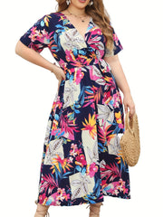 Leaf Print Short Sleeve Dress