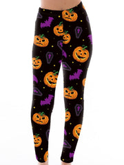  Halloween Leggings All-Over Pumpkin & Bat Print High Rise Leggings