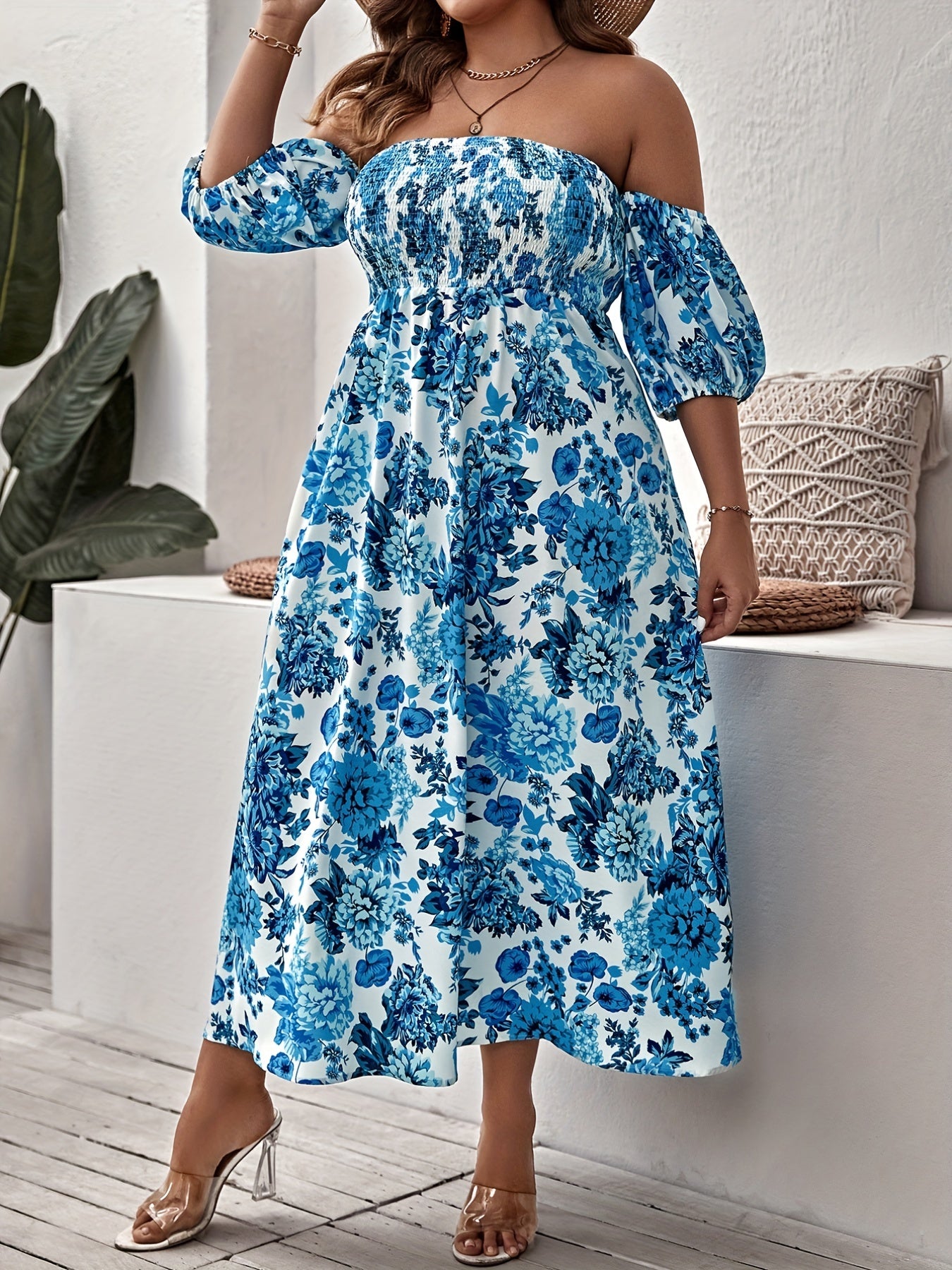 Plus Floral Print Strapless Maxi Summer Dress With Arm Sleeves