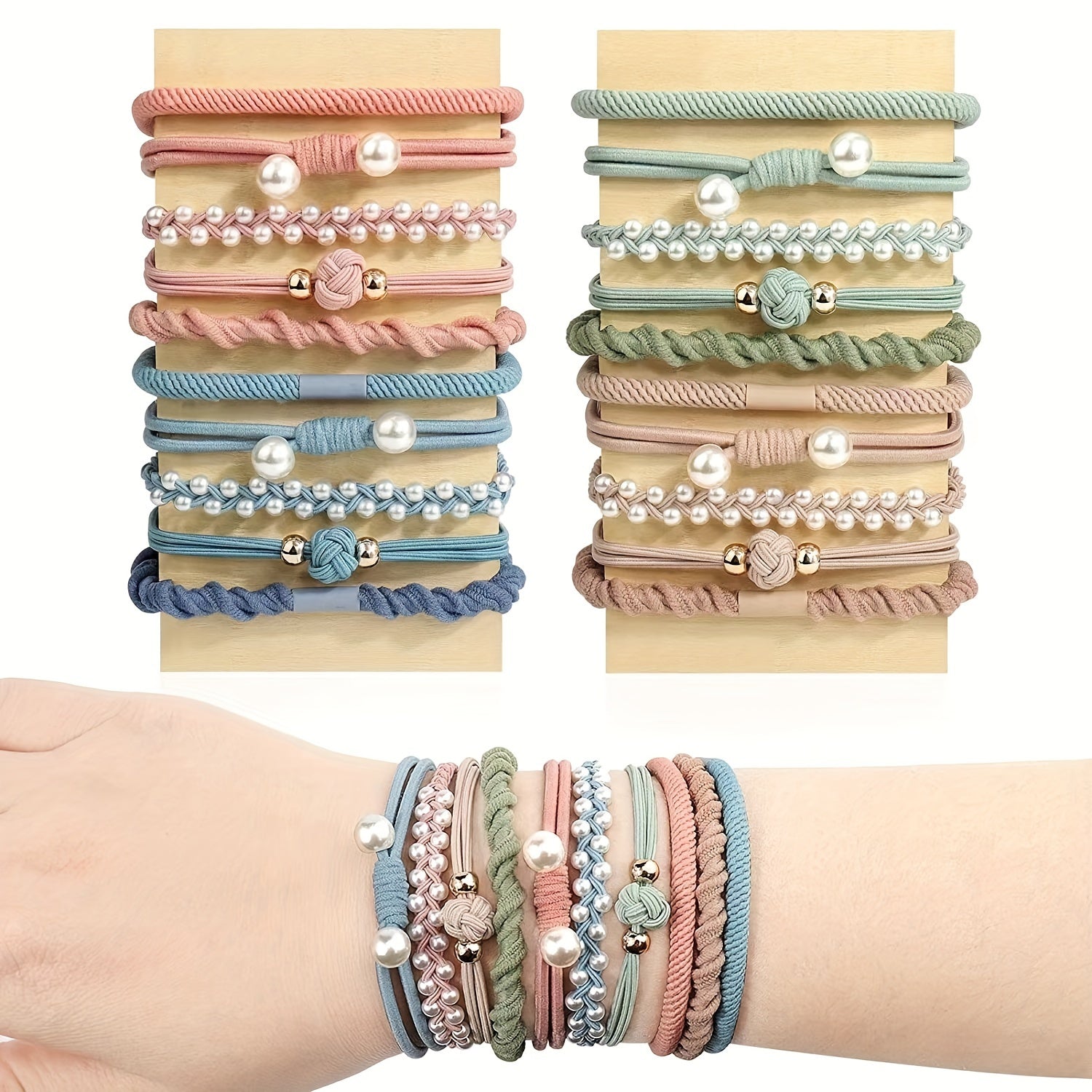 Boho Bracelet Hair Tie Elastic Hair Rope Faux Pearl Hair Ring Spiral Pattern